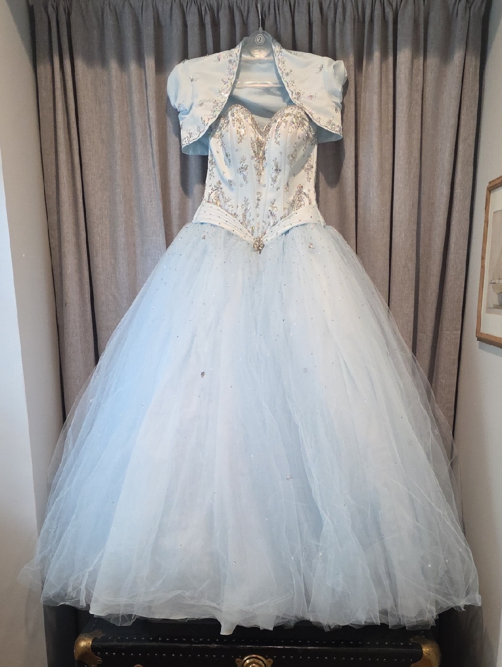 Mori Lee Light Blue Tulle Rhinestone Beaded Ball Gown Prom Dress with Bolero